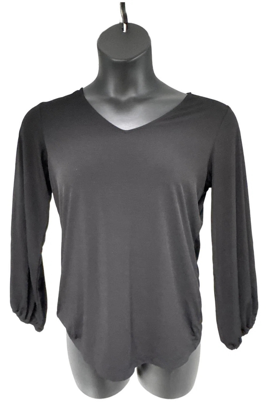 Susan Graver Liquid Knit Blouson Bracelet Sleeve V Neck Top Black - Regular
